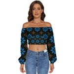 Flower Pattern Flora Floral Seamless Long Sleeve Crinkled Weave Crop Top