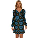 Flower Pattern Flora Floral Seamless Long Sleeve Waist Tie Ruffle Velvet Dress