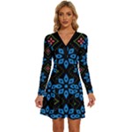 Flower Pattern Flora Floral Seamless Long Sleeve Deep V Mini Dress 