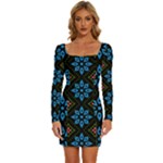 Flower Pattern Flora Floral Seamless Long Sleeve Square Neck Bodycon Velvet Dress