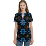 Flower Pattern Flora Floral Seamless Women s Zip Front V-Neck Short Sleeve Casual Top Pocket Shirt