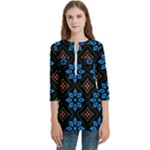 Flower Pattern Flora Floral Seamless Women s Zip Front V-Neck 3/4 Sleeve Casual Top Pocket Shirt