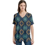 Flowers Pattern Design Abstract V-Neck Split Shoulder Casual T-Shirt