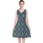 Flowers Pattern Design Abstract V-Neck Midi Sleeveless Dress 