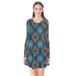 Flowers Pattern Design Abstract Long Sleeve V-neck Flare Dress