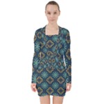 Flowers Pattern Design Abstract V-neck Bodycon Long Sleeve Dress