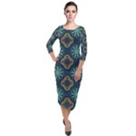 Flowers Pattern Design Abstract Quarter Sleeve Midi Velour Bodycon Dress