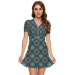 Flowers Pattern Design Abstract V-Neck High Waist Chiffon Mini Dress