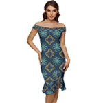 Flowers Pattern Design Abstract Off Shoulder Ruffle Split Hem Bodycon Dress