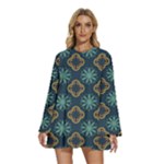 Flowers Pattern Design Abstract Round Neck Long Sleeve Bohemian Style Chiffon Mini Dress