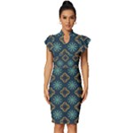 Flowers Pattern Design Abstract Vintage Frill Sleeve V-Neck Bodycon Dress