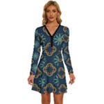 Flowers Pattern Design Abstract Long Sleeve Deep V Mini Dress 