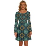 Flowers Pattern Design Abstract Long Sleeve Wide Neck Velvet Dress