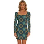 Flowers Pattern Design Abstract Long Sleeve Square Neck Bodycon Velvet Dress