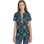 Flowers Pattern Design Abstract Women s Zip Front V-Neck Short Sleeve Casual Top Pocket Shirt