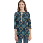 Flowers Pattern Design Abstract Women s Zip Front V-Neck 3/4 Sleeve Casual Top Pocket Shirt