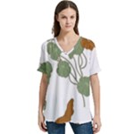 Nasturtium Flowers Plant Leaves V-Neck Split Shoulder Casual T-Shirt