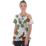 Nasturtium Flowers Plant Leaves Off Shoulder Tie-Up T-Shirt