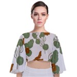 Nasturtium Flowers Plant Leaves Tie Back Butterfly Sleeve Chiffon Top