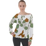 Nasturtium Flowers Plant Leaves Off Shoulder Long Sleeve Velour Top