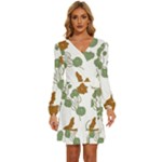 Nasturtium Flowers Plant Leaves Long Sleeve Waist Tie Ruffle Velvet Dress