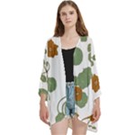 Nasturtium Flowers Plant Leaves Open Front 3/4 Sleeve Batwing Chiffon Cardigan Kimono