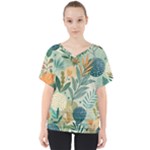 Leaves Pattern Flora V-Neck Dolman Drape Top