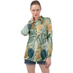 Leaves Pattern Flora Long Sleeve Satin Shirt