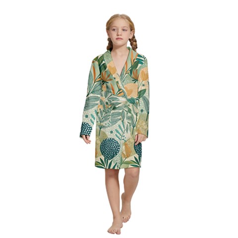 Leaves Pattern Flora Kids  Long Sleeve Velvet Lounge Robe from ArtsNow.com