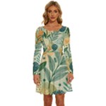 Leaves Pattern Flora Long Sleeve Wide Neck Velvet Dress