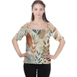 Leaves Pattern Floral Cutout Shoulder T-Shirt