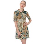 Leaves Pattern Floral Belted Shirt Dress