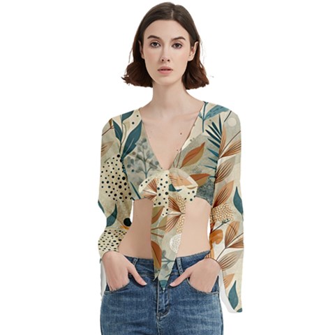 Leaves Pattern Floral Trumpet Sleeve Cropped Top from ArtsNow.com