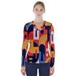 Abstract Pattern Design V-Neck Long Sleeve Top