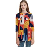 Abstract Pattern Design Women s Zip Front V-Neck 3/4 Sleeve Casual Top Pocket Shirt