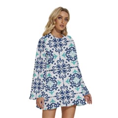 Round Neck Long Sleeve Bohemian Style Chiffon Mini Dress 