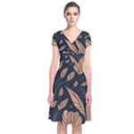 Background Pattern Leaves Texture Short Sleeve Front Wrap Dress