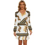 African Women Pattern Seamless Style Long Sleeve Waist Tie Ruffle Velvet Dress