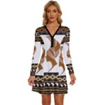 African Women Pattern Seamless Style Long Sleeve Deep V Mini Dress 