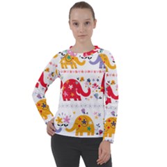 African Elephant Cute Cartoon Seamless Shading Cartoon Character Women s Long Sleeve Raglan T