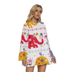 Round Neck Long Sleeve Bohemian Style Chiffon Mini Dress 