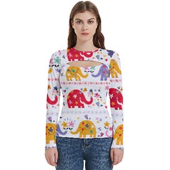 African Elephant Cute Cartoon Seamless Shading Cartoon Character Women s Cut Out Long Sleeve T