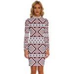 Ukrainian Folk Seamless Pattern Ornament Long Sleeve Shirt Collar Bodycon Dress