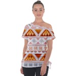 Bright Aztec Ethnic Seamless Pattern Off Shoulder Tie-Up T-Shirt