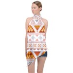 Bright Aztec Ethnic Seamless Pattern Halter Asymmetric Satin Top