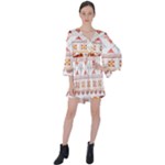 Bright Aztec Ethnic Seamless Pattern V-Neck Flare Sleeve Mini Dress