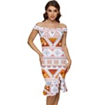 Bright Aztec Ethnic Seamless Pattern Off Shoulder Ruffle Split Hem Bodycon Dress