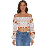 Bright Aztec Ethnic Seamless Pattern Long Sleeve Crinkled Weave Crop Top