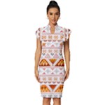 Bright Aztec Ethnic Seamless Pattern Vintage Frill Sleeve V-Neck Bodycon Dress