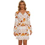 Bright Aztec Ethnic Seamless Pattern Long Sleeve Waist Tie Ruffle Velvet Dress